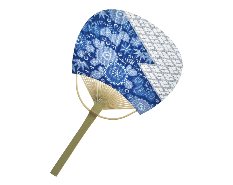【新企画】SI-69(US22-31) 藍染め小紋 平竹小型うちわ【名入れ 無印50本から】