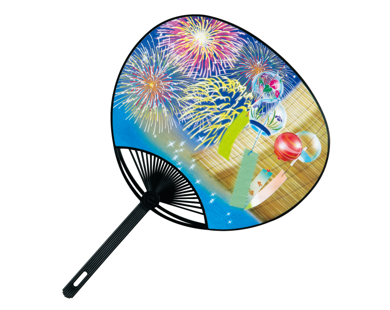 FU-3010 風鈴 花火 ポリうちわ黒骨平柄【名入れ 無印50本から】