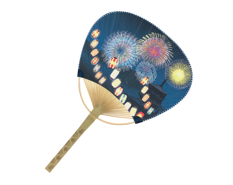 FU-3041 提灯 花火 中万月竹うちわ平柄【名入れ 無印50本から】