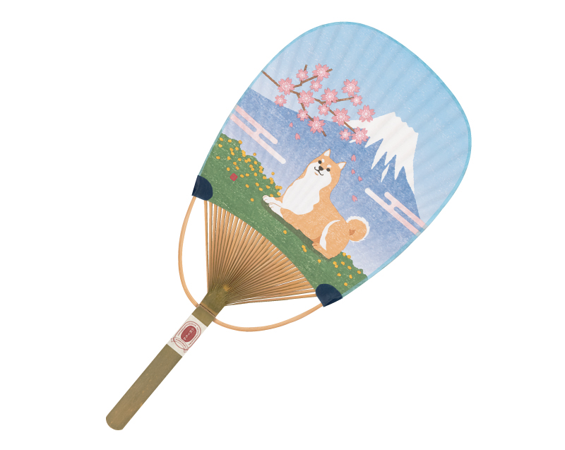 FU-6308 富士と柴犬 小判型竹うちわ平柄【名入れ 無印50本から】