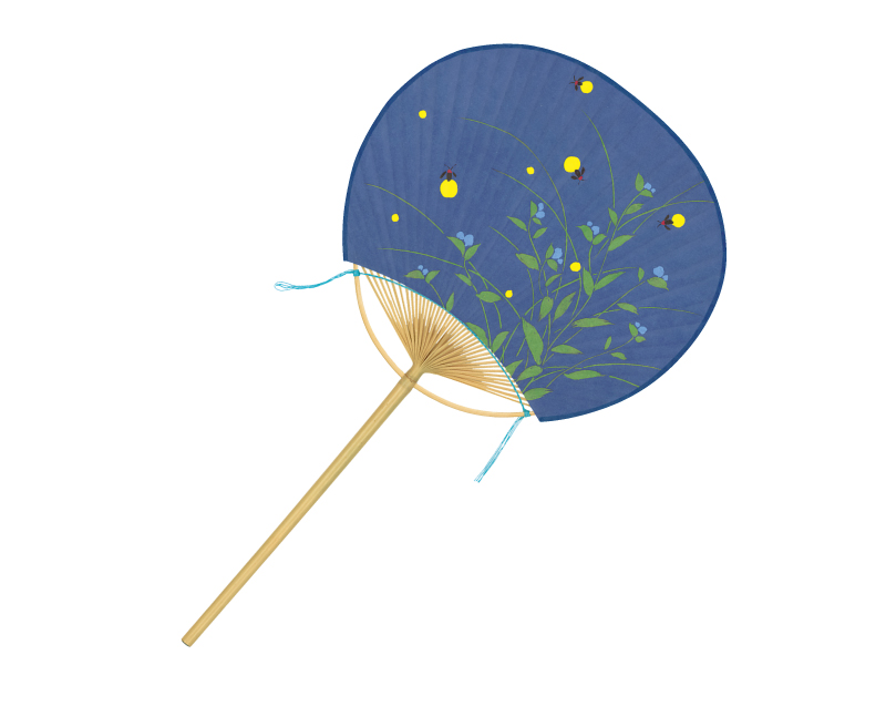 FU-8018 紺地 ホタル 丸竹うちわ小満月柄長【名入れ 無印50本から】