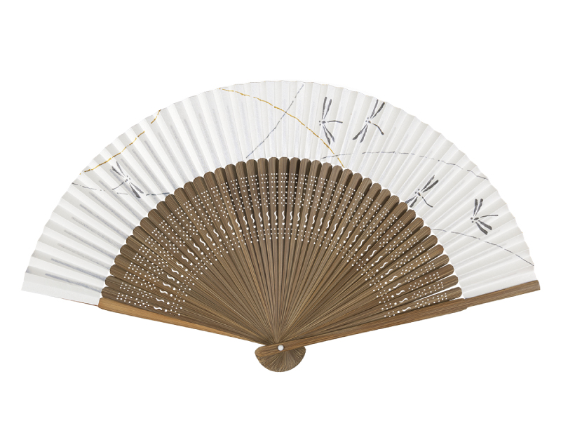 FU-514 唐木中彫 大短地 パール地 トンボ 絵付扇子 紳士・メンズ用【扇子・桐箱レーザー名入れ 1本から・無印小売販売も】