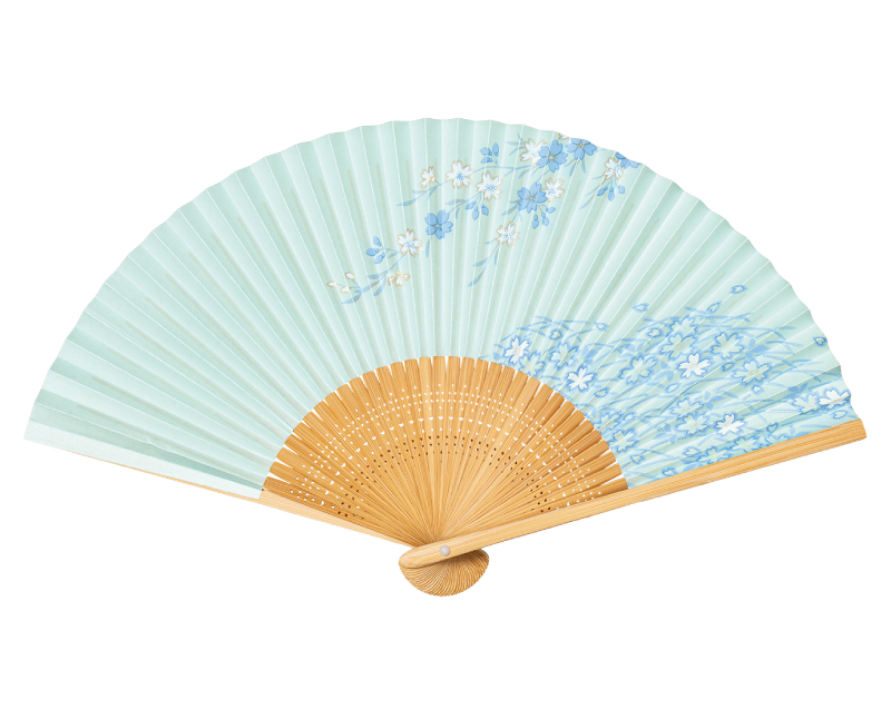 FU-552 白竹中彫 青パール地 桜 絵付扇子 婦人・レディース用【扇子 名入れ 無印30本から】