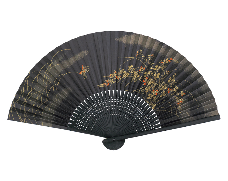 FU-556 黒染中彫 黒地 萩に蝶 絵付扇子 婦人・レディース用 【扇子・桐箱レーザー名入れ 5本から・無印小売販売も】