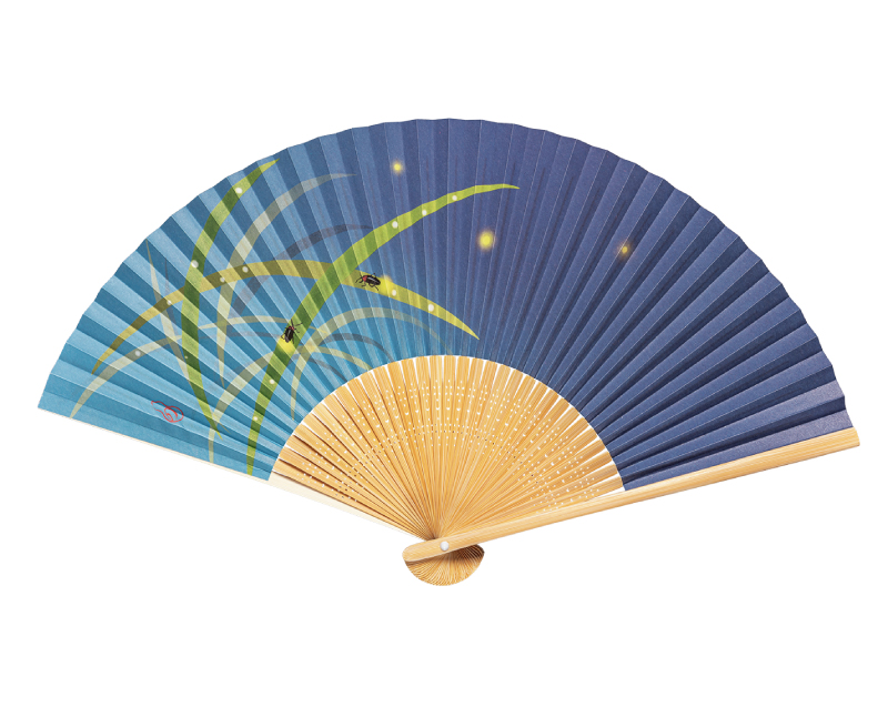 FU-5701 白竹中彫 紺地 笹にホタル 紙扇子 紳士・メンズ用【扇子・桐箱レーザー名入れ 5本から・無印小売販売も】