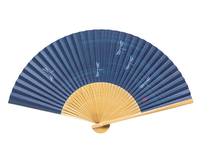 FU-5702 白竹中彫 紺地 トンボ 紙扇子 紳士・メンズ用【扇子・桐箱レーザー名入れ 5本から・無印小売販売も】
