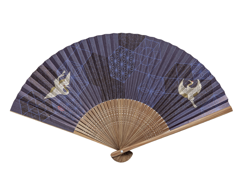 FU-5710 唐木中彫 紺地 鶴 紙扇子 紳士・メンズ用【扇子 名入れ 無印30本から】