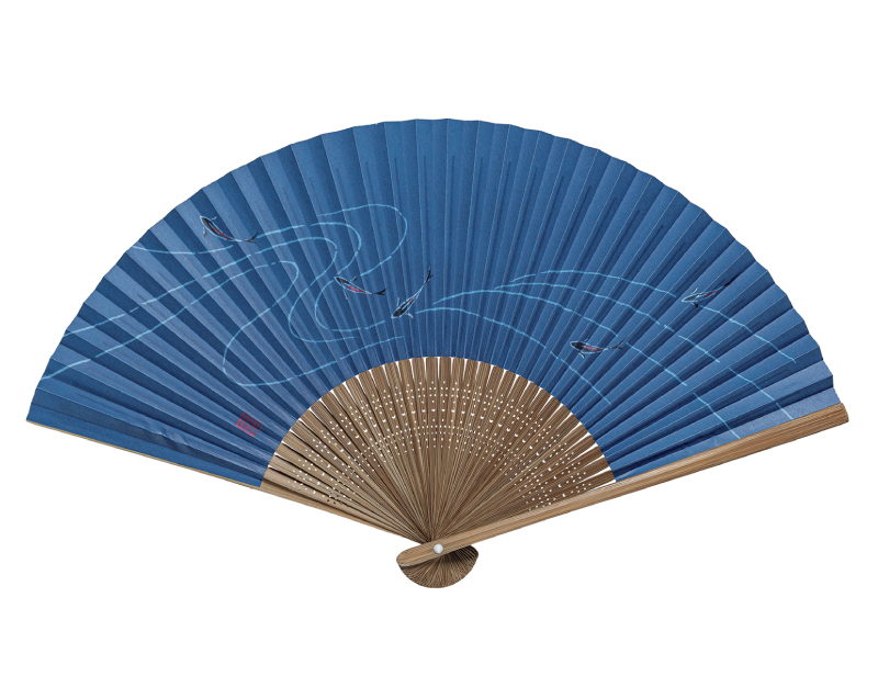 FU-5715 唐木中彫 紺地 流水鮎 紙扇子 紳士・メンズ用【扇子・桐箱レーザー名入れ 5本から・無印小売販売も】