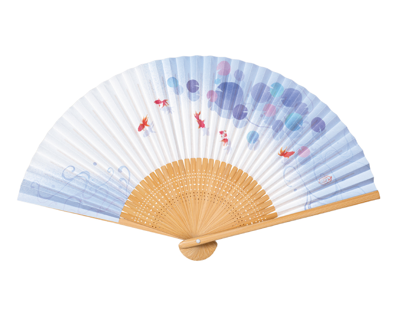 FU-5734 白竹中彫 金魚 紙扇子 婦人・レディース用 【扇子・桐箱レーザー名入れ 5本から・無印小売販売も】