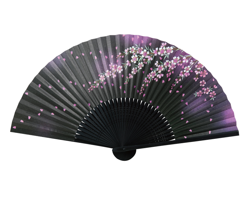 FU-5738 黒染中彫 黒地 しだれ桜 紙扇子 婦人・レディース用【扇子 名入れ 無印30本から】
