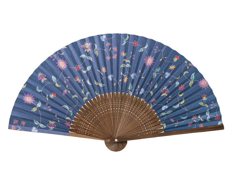 【新企画】FU-5739 唐木中彫 更紗 紺地唐草 紙扇子 婦人・レディース用【扇子・桐箱レーザー名入れ 5本から・無印小売販売も】-1