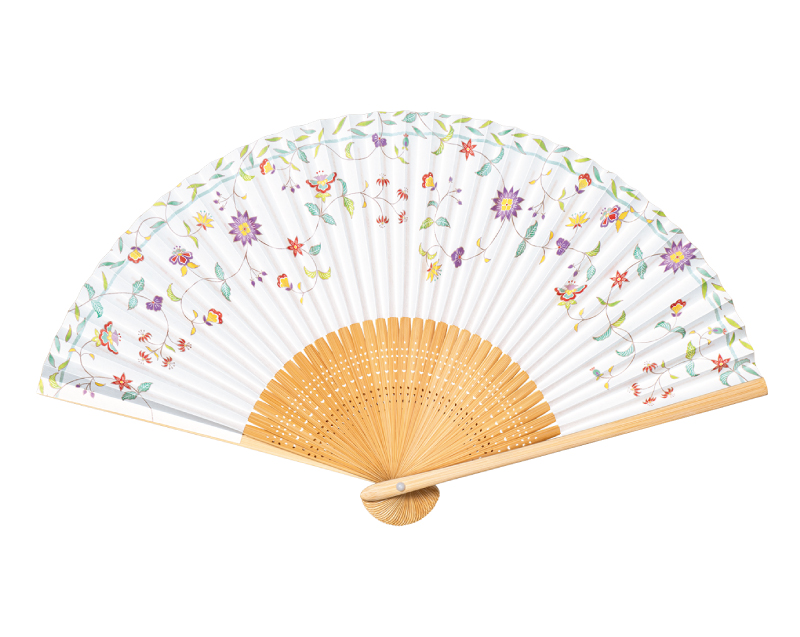 【新企画】FU-5740 白竹中彫 更紗 白花 紙扇子 婦人・レディース用【扇子・桐箱レーザー名入れ 5本から・無印小売販売も】-1