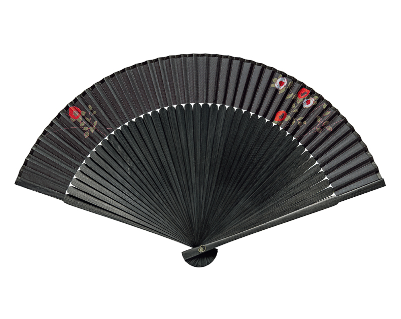 【新企画】FU-5886 黒染 大短地 椿  大短地布扇子 婦人・レディース用【扇子・桐箱レーザー名入れ 5本から・無印小売販売も】