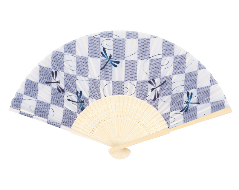 FU-5957 白竹中彫 市松トンボ 涼風布貼扇子 男女兼用【扇子 名入れ 無印30本から】