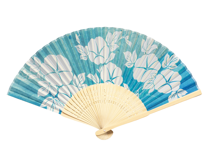 FU-5963 白竹中彫 布貼 朝顔 涼風布貼扇子 男女兼用【扇子 名入れ 無印30本から】