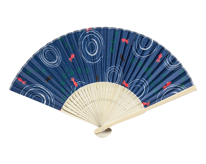 FU-5965 白竹中彫 布貼 紺地 金魚 涼風布貼扇子 男女兼用【扇子 名入れ 無印30本から】