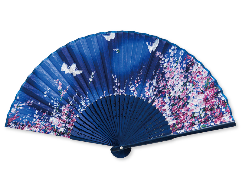 FU-5893 藍染中彫 花に蝶(藍) 和柄扇子 婦人・レディース用【扇子 名入れ 無印 30本から】