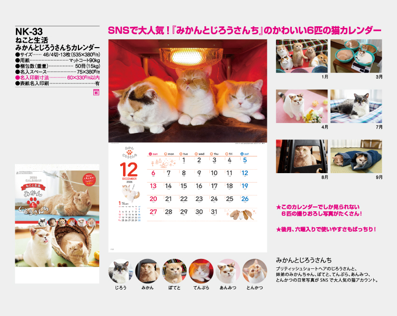 2026年 NK-33 ねこと生活 みかんとじろうさんちカレンダー【壁掛けカレンダー】【名入れ印刷 無印50部から】-2