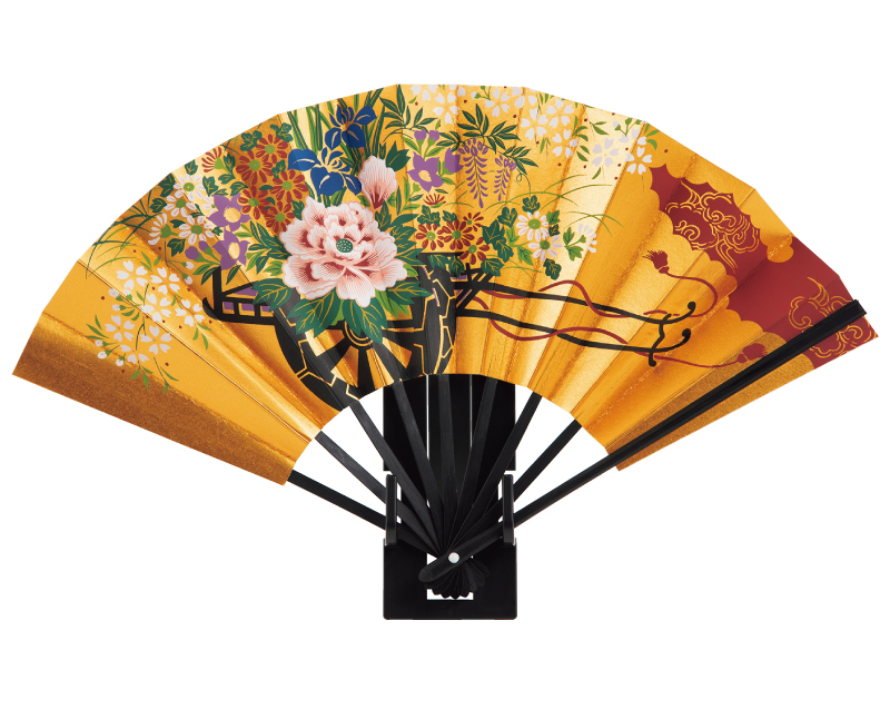 FU-952 金箔地黒骨 花車 7.5寸 金地飾り扇子【扇子 小売1本から】-1