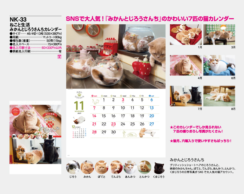 2027年 NK-33 ねこと生活 みかんとじろうさんちカレンダー【壁掛けカレンダー】【名入れ印刷 無印50部から】-2
