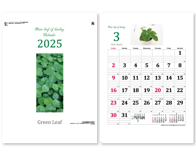 2025年 YK-827 グリーンリーフ【壁掛けカレンダー】【名入れ印刷 無印50部から】