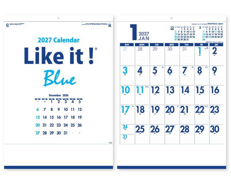 【リニューアル】2027年 IC-288H Like it! Blue【壁掛けカレンダー】【名入れ印刷 無印50部から】