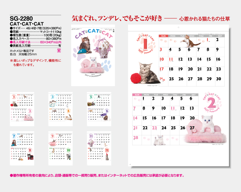 2027年 SG-2280 CAT・CAT・CAT【壁掛けカレンダー】【名入れ印刷 無印50部から】-2