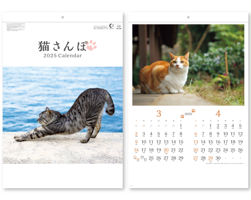 2025年 SB-120(旧SB-121)猫さんぽ(2ヶ月玉)【壁掛けカレンダー】【名入れ印刷 無印50部から】