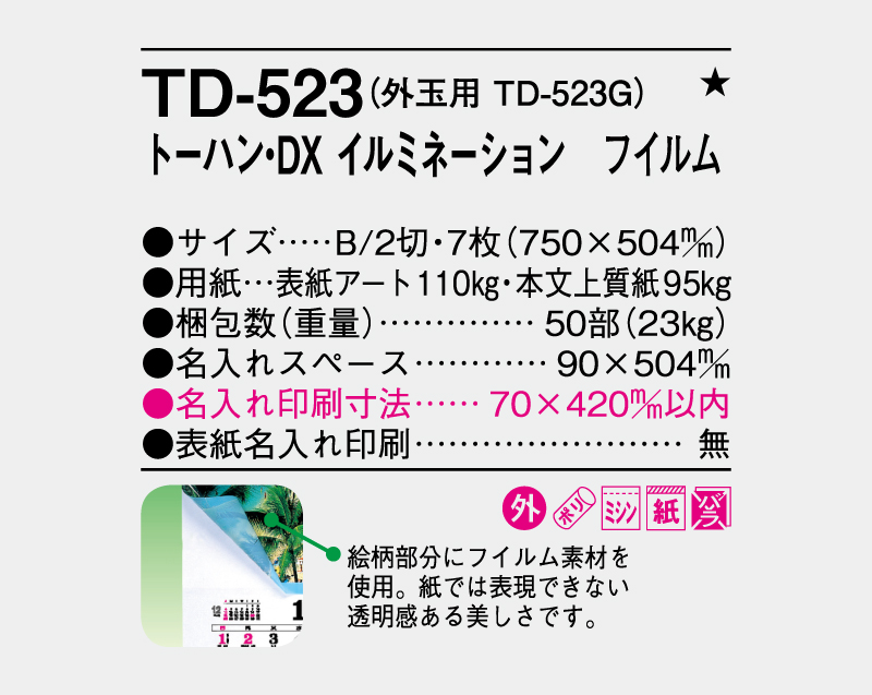 2027年 TD-523 トーハン・DX イルミネーション フイルム【壁掛けフィルムカレンダー】【名入れ印刷 無印50部から】-3