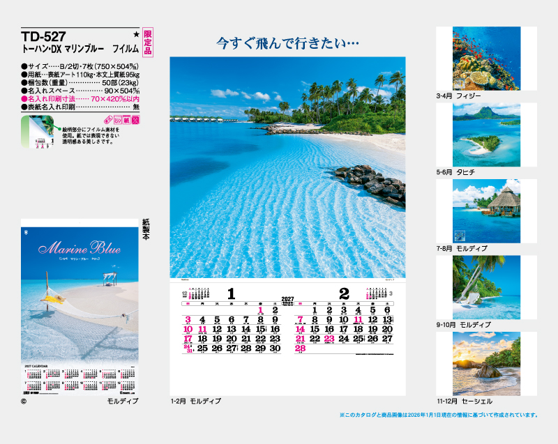 【限定品】2027年 TD-527 トーハン・DX マリンブルー フイルム【壁掛けフィルムカレンダー】【名入れ印刷 無印50部から】-2