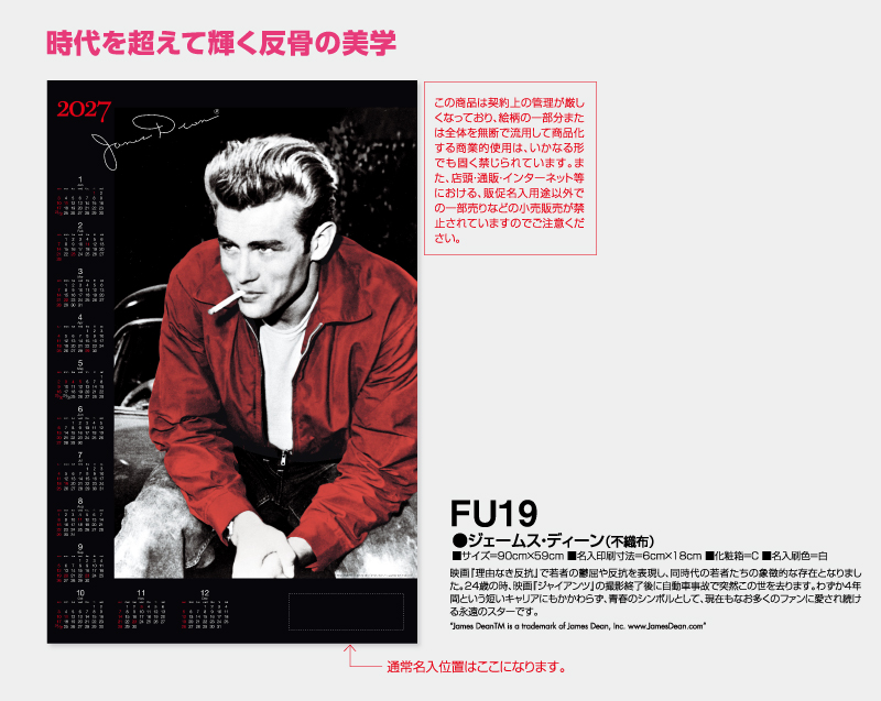 2027年 FU-19 ジェームス・ディーン(不織布)【壁掛けカレンダー不織布年表】【名入れ印刷 無印50部から】-2