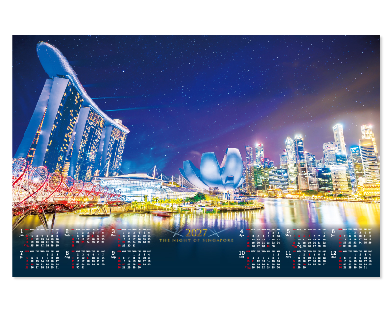 2027年 FU-32 メタリック/海外夜景 シンガポール(アルミ)【壁掛けカレンダーアルミ年表】【名入れ印刷 無印50部から】