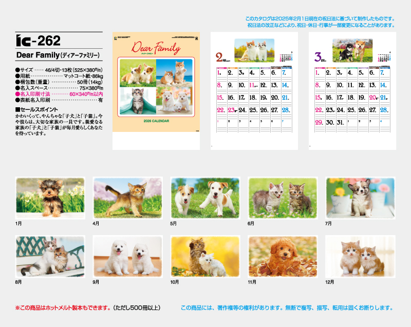 2026年 IC-262 Dear Family(ディアーファミリー）【壁掛けカレンダー】【名入れ印刷 無印50部から】-2