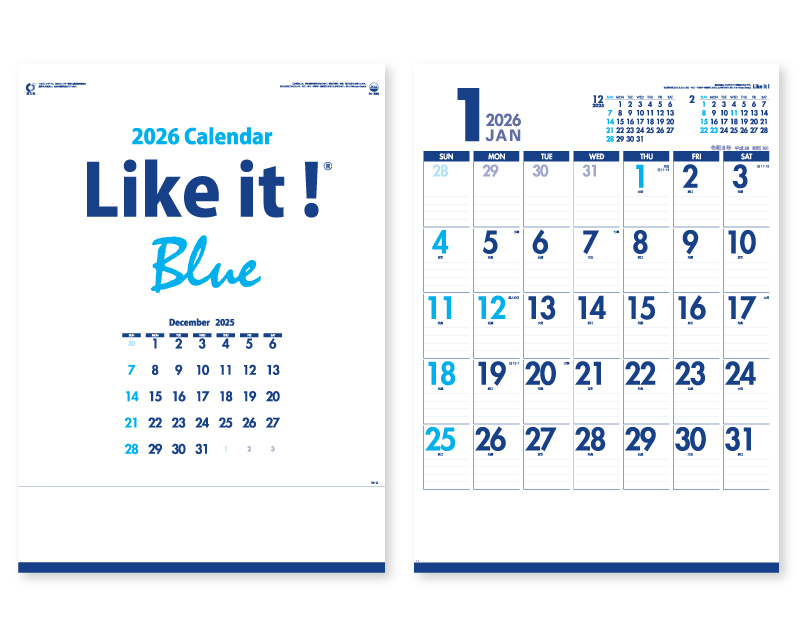 2026年 IC-288 Like it! Blue【壁掛けカレンダー】【名入れ印刷 無印50部から】