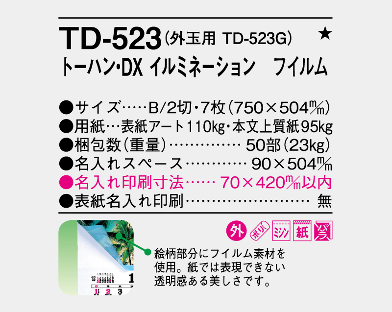 2026年 TD-523 トーハン・DX イルミネーション フイルム【10部から名入れ対応 壁掛けカレンダー】-3