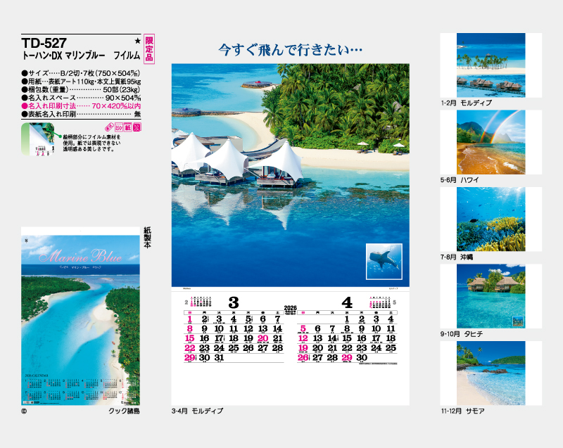 【限定品】2026年 TD-527 トーハン・DX マリンブルー フイルム【壁掛けフィルムカレンダー】【名入れ印刷 無印50部から】-2