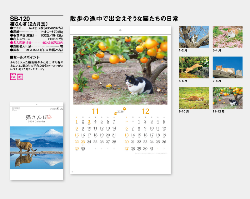 2026年 SB-120 猫さんぽ(2ヶ月玉)【壁掛けカレンダー】【名入れ印刷 無印50部から】-2