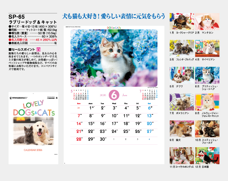 2026年 SP-65 ラブリードッグ&キャット【壁掛けカレンダー】【名入れ印刷 無印50部から】-2