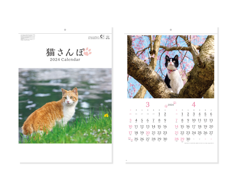 2024年 SB-120(旧SB-121)猫さんぽ(2ヶ月玉)【壁掛けカレンダー】【名入れ印刷 無印50部から】