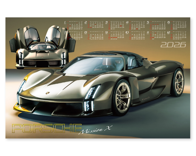 2026年 FU-34 メタリック/ポルシェ ミッションX(アルミ)【壁掛けカレンダーアルミ年表】【名入れ印刷 無印50部から】